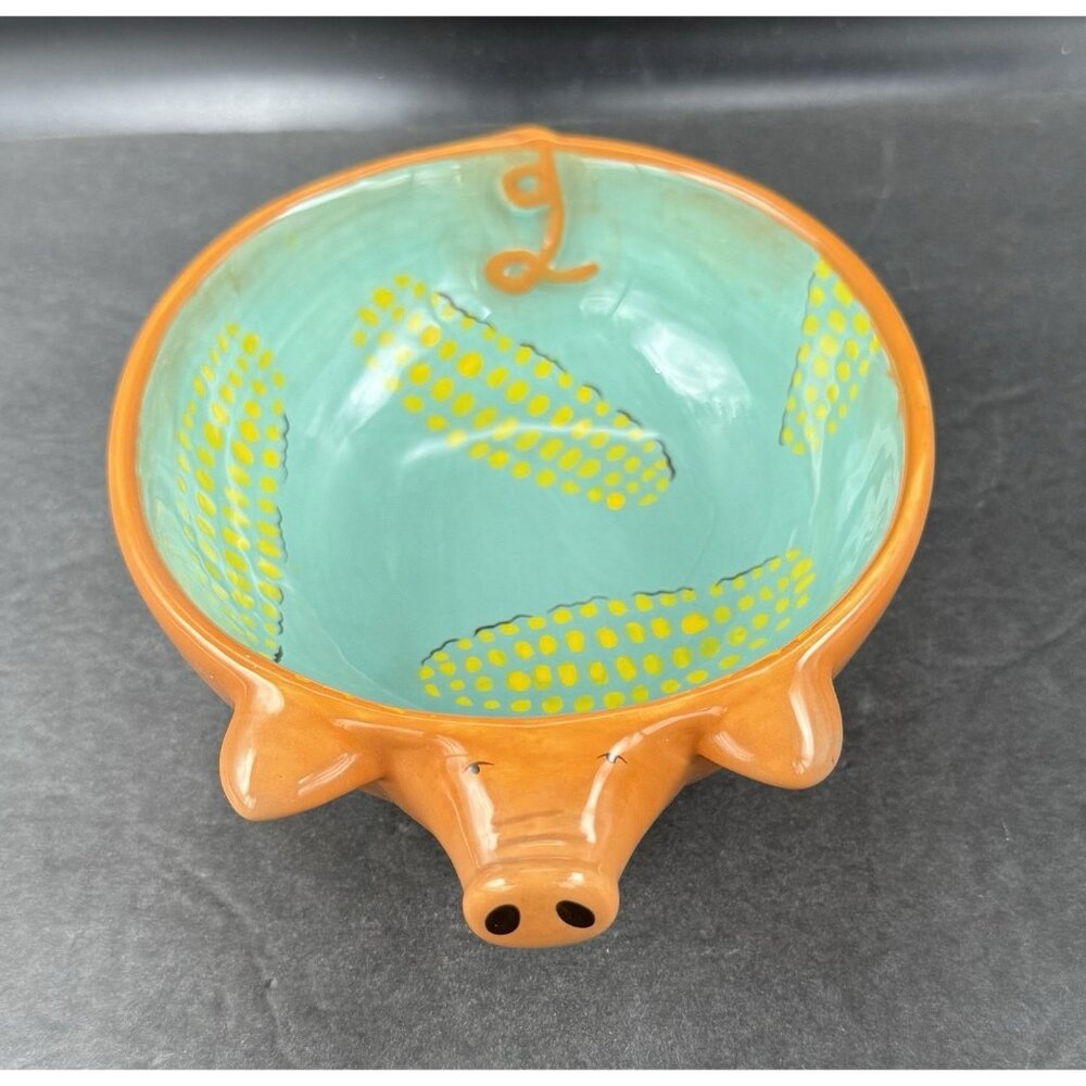 Vintage Clay Art Small Pig Salsa Serving Bowl Tera Cotta & Blue Colors Rare